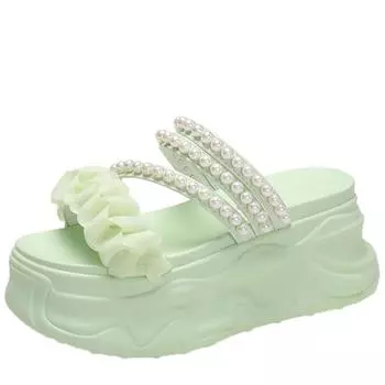 модные женские сандалии модные сандалии с открытым носком на толстой подошве летние новые женские тапочки на высоком каблуке с жемчужной цепочкой повседневные сандалии для отдыха на природе 34 бежевый