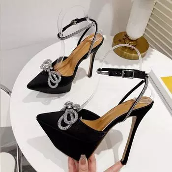 Модные женские сандалии на платформе с блестками и стразами, атласные летние женские туфли на высоком каблуке с кристаллами и бантом, свадебные туфли для выпускного вечера 35 чёрный
