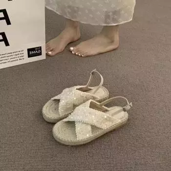 Модные женские сандалии на плоской подошве, римские туфли для женщин, вязаные летние уличные женские сандалии с крестообразным ремешком 35 розовый