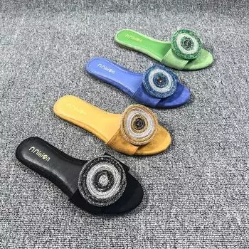 Модные женские сандалии на плоской подошве со стразами, очаровательные пляжные сандалии, летние уличные тапочки, гламурная повседневная женская обувь 36 зелёный