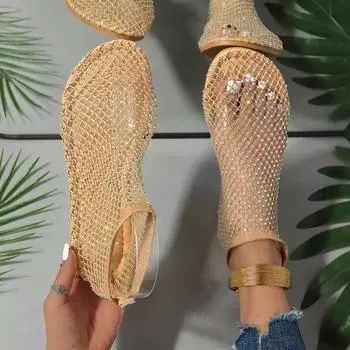 Модные женские сандалии на плоской подошве со стразами, сандалии с сетчатым принтом, обувь на плоской подошве, римские туфли на плоской подошве, женская обувь для вечеринок Zapatos Para Mujeres 35 чёрный