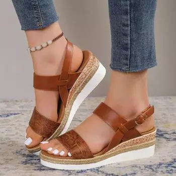 Модные женские сандалии на танкетке со змеиным узором, летние сандалии из искусственной кожи на платформе в Риме, сандалии Mujer с ремешком на спине, нескользящие повседневные сандалии 36 чёрный