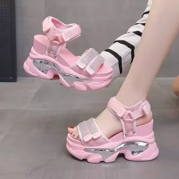 Модные женские сандалии на толстой подошве, летние дизайнерские туфли с открытым носком и петлями на каблуках 10 см, сетчатые сандалии, повседневные пляжные тапочки на танкетке, кроссовки 34 чёрный