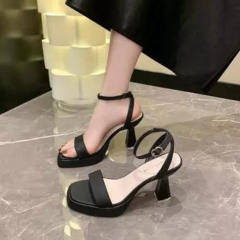 Модные женские сандалии на толстой подошве с водонепроницаемой платформой с квадратным носком Новые летние туфли с открытым носком на высоком каблуке 35 бежевый