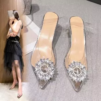 Модные женские сандалии, повседневная необычная обувь на высоком каблуке для женщин, однотонные летние сандалии без шнуровки с кристаллами, большие размеры 35 прозрачный