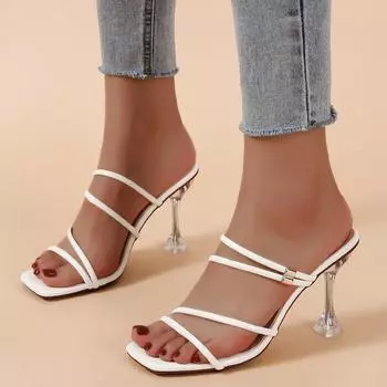Модные женские сандалии, повседневная необычная обувь на высоком каблуке для женщин, однотонные летние сандалии без шнуровки с кристаллами, большие размеры 35 белый