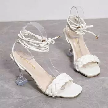 Модные женские сандалии, повседневная необычная обувь на высоком каблуке для женщин, прозрачные летние сандалии на шнуровке, большие размеры 36 красный