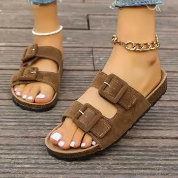 Модные женские сандалии с пробковой стелькой больших размеров, летние тапочки на платформе с поддержкой свода стопы, домашние замшевые шлепанцы, женская обувь 35 чёрный