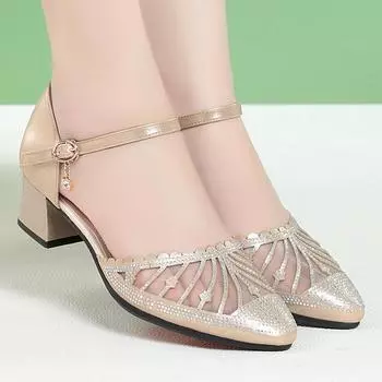 Модные женские сандалии с закрытым носком, женские туфли на плоской подошве и среднем каблуке, женские туфли из искусственной кожи с толстым каблуком, с полой сеткой, мягкие туфли для мам 35(Foot22.5cm)