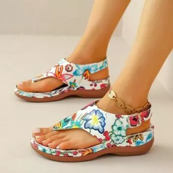 Модные женские сандалии, сандалии с вышивкой в этническом стиле, сандалии на наклонном каблуке с ремешком сзади, удобные повседневные сандалии 36 белый