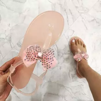 модные женские сандалии со стразами и бантом летние туфли женские пляжные сандалии на плоской подошве большие размеры 39 41 шлепанцы женские желеобразные тапочки женские 36 чёрный