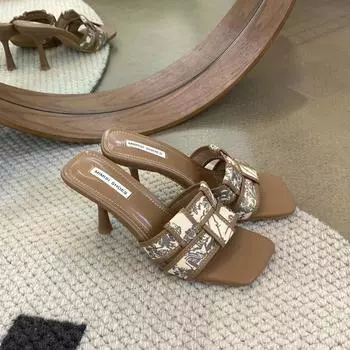 Модные женские сандалии, тапочки, плетеный дизайн, черные, хаки, туфли-лодочки для вечеринок, тонкие, высокие каблуки, повседневные мюли 35 чёрный