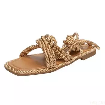 Модные женские сандалии Two Wear, плоские тапочки из пеньковой веревки, повседневные женские туфли большого размера 42 с квадратным носком и плоским каблуком 37 синий