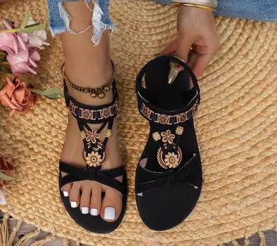 Модные женские сандалии в стиле ретро с цветочным принтом, летняя обувь для шитья 36 чёрный