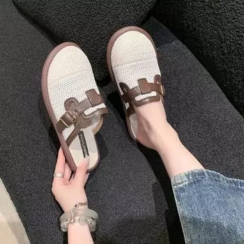Модные женские сандалии, женские большие тапочки Baotou, осенние сандалии с круглым носком из сетчатой ткани, дышащие, с мягкой подошвой, нескользящие, на плоской подошве 35 бежевый