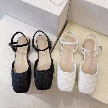 Модные женские сандалии Женские туфли на плоской подошве Туфли на платформе с квадратным носком Роскошные брендовые туфли Женские однотонные клетчатые летние сандалии с пряжкой Новые 35 бежевый