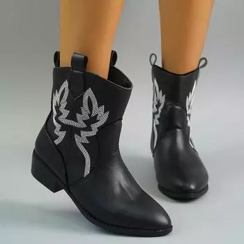 модные женские сапоги большого размера 2024 года, повседневные, осень, новые, с острым носком, квадратный каблук, средняя часть, ретро-сапоги в британском стиле с машинной строчкой 36 чёрный