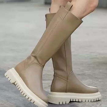 Модные женские сапоги цвета норки с кожаной и меховой подкладкой и застежкой-молнией сзади