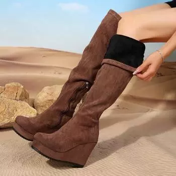 Модные женские сапоги длиной до колена 2024 года, осень-зима, тонкие замшевые сапоги с круглым носком, толстый каблук, низкий каблук, рукава, модные сапоги Botas Mujer 36 чёрный