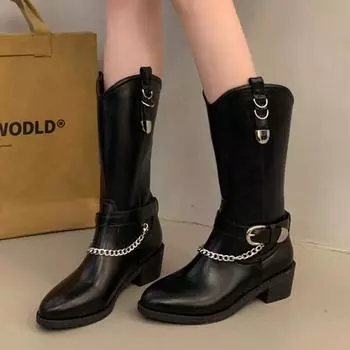 Модные женские сапоги для верховой езды с металлической цепочкой и толстым каблуком, осенне-зимние сапоги из искусственной кожи до середины голени, женские модные мотоциклетные сапоги с пряжкой и ремешком 35 чёрный
