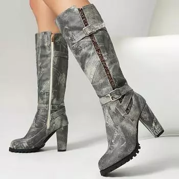 Модные женские сапоги до колена 2024 года, новые тенденции, зимняя обувь с принтом, длинные сапоги на блочном каблуке, женская обувь для вечеринок, большой размер 45 48 34 чёрный