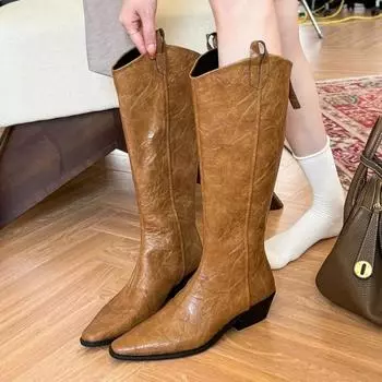 модные женские сапоги до колена, брендовые модные остроносые кожаные туфли на среднем каблуке, зима 2025, трендовые готические туфли-лодочки, туфли-лодочки Chelsea Party Botas Mujer 35 чёрный