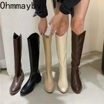 модные женские сапоги до колена модные элегантные туфли с острым носком и боковыми молниями на квадратном каблуке женские сапоги в стиле вестерн для девушек-ковбоев 35 хаки