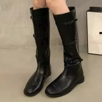 модные женские сапоги до колена на среднем каблуке кожаные туфли зима 2025 тренд готические мотоциклетные ботинки ретро повседневная обувь челси молния Botas Mujer 35 чёрный