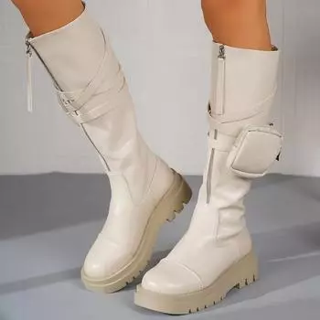 Модные женские сапоги до колена, новые туфли на платформе с круглым носком для женщин, высокие сапоги для женщин, уличные сапоги для женщин, Zapatos De Mujer 35 бежевый