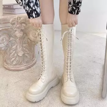 модные женские сапоги до колена осень зима 2024 новые модные женские белые высокие сапоги на платформе со шнуровкой черные длинные рыцарские сапоги Botas Mujer 35 бежевый