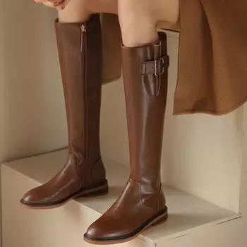 Модные женские сапоги до колена, роскошные сапоги из натуральной коровьей кожи, на молнии, на низком каблуке, высококачественные сапоги, обувь ручной работы, модный тренд 35 чёрный