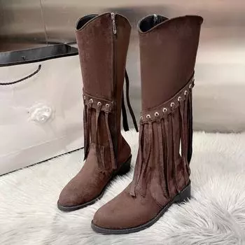 модные женские сапоги до колена с бахромой, туфли челси на среднем каблуке, зима 2025, новые повседневные туфли в стиле гладиатор в готическом стиле, модные туфли-лодочки Botas Mujer 35 чёрный