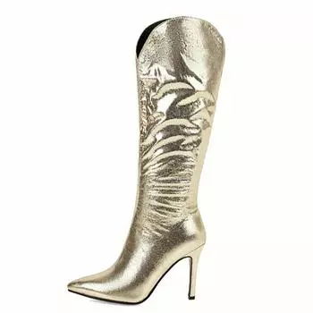 Модные женские сапоги до колена с блестками, сексуальные, золотисто-серебристо-розовые, вестерн-сапоги, женские, большого размера 48, на каблуках, для вечеринок, на осень-зиму 34 золотой