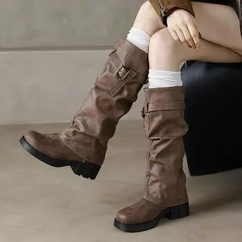 Модные женские сапоги до колена с круглым носком и толстым каблуком, с пряжкой на ремне, большие размеры 42 43, ретро-бота в британском стиле 34 чёрный