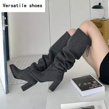 Модные женские сапоги до колена с квадратным носком и складками, осенне-зимние, на толстом высоком каблуке, для выпускного вечера, длинные сапоги 35