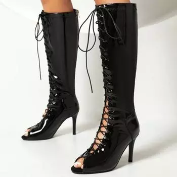 Модные женские сапоги до колена, сексуальные, на шнуровке, лакированные, красные, черные, белые, для ночного клуба, танцевальная обувь для вечеринок, женские, большого размера, лето 2024 г. 4 чёрный