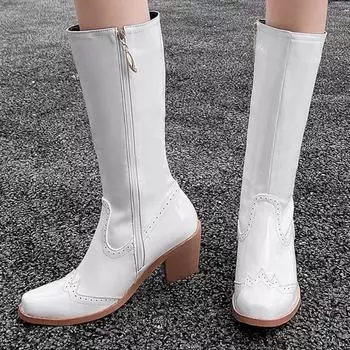 Модные женские сапоги до колена, сексуальные зимние туфли в ковбойском стиле, черные, белые, розовые, на каблуке, длинные, женские, большой размер 45, комфорт 34 чёрный