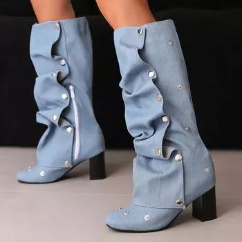 Модные женские сапоги до колена, сексуальные плиссированные осенне-зимние туфли, черные, синие джинсы, длинные сапоги на каблуке, женская обувь, большой размер 45, новые тенденции 35