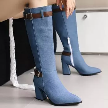 Модные женские сапоги до колена, сексуальные, с острым носком, 2024, осенне-зимняя обувь, синие джинсы, высокие сапоги на каблуке, женская обувь, большой размер 50 34 светло-синий