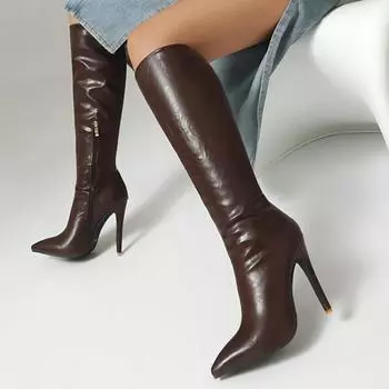 Модные женские сапоги до колена, сексуальные зимние туфли с острым носком, черные, коричневые, на каблуке, длинные сапоги, женская обувь для вечеринок, большой размер 45 48 35 чёрный
