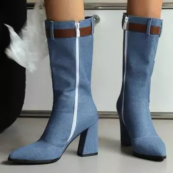 Модные женские сапоги до колена, сексуальные туфли с острым носком, осень-зима 2024 года, синие джинсы, длинные сапоги на каблуке, женская обувь для вечеринок, большой размер 45 50 34 светло-синий