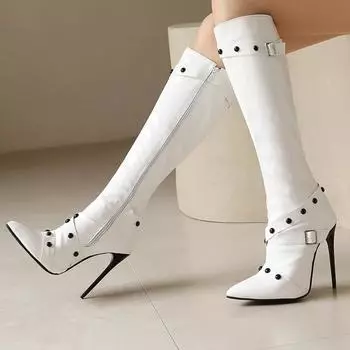 Модные женские сапоги до колена, сексуальные туфли с острым носком, осень-зима, черные, белые, на каблуке, длинные сапоги, женская обувь для вечеринок и танцев, большой размер 45 34 чёрный