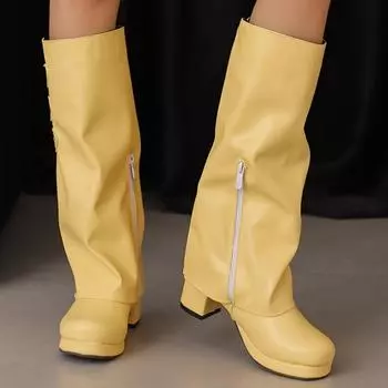 Модные женские сапоги до колена, сексуальные зимние туфли с отогнутым краем, черные, белые, розовые, на каблуке, длинные сапоги, женская обувь для вечеринок, большой размер 45 34 чёрный