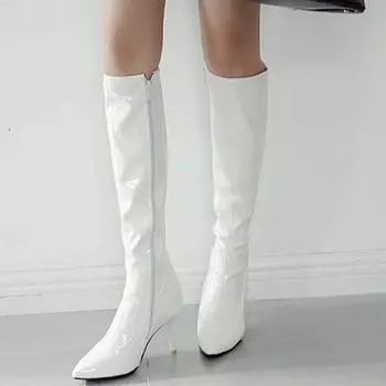 Модные женские сапоги до колена, женские лакированные кожаные женские элегантные туфли на высоком каблуке, женские осенние сексуальные туфли-лодочки, женские длинные сапоги, большие размеры 34 чёрный