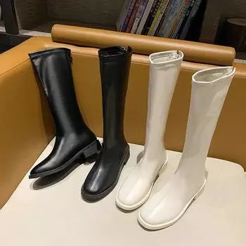 Модные женские сапоги до колена, женские туфли на толстом каблуке с молнией, сексуальные туфли на квадратном каблуке, высокие каблуки до бедра, роскошные сапоги на каблуке осень-зима 35 бежевый