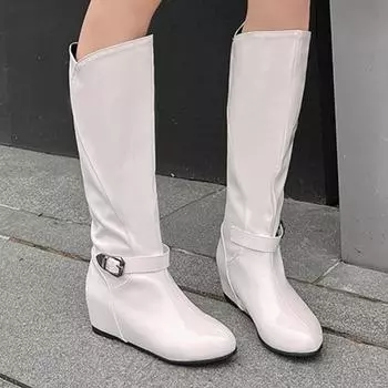 Модные женские сапоги до колена, зимняя обувь, черные, белые, розовые, на танкетке, длинные сапоги, женская обувь для вечеринок, увеличивающая рост, большой размер 45 34 чёрный