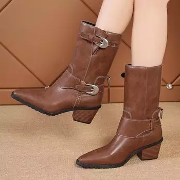 Модные женские сапоги до середины голени из искусственной кожи с двойной металлической пряжкой, элегантные современные сапоги с острым носком, зимние новые сапоги 2024 года на высоком толстом каблуке 35 чёрный