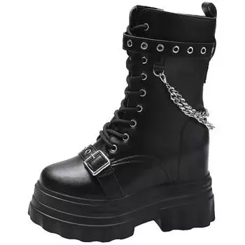 Модные женские сапоги до середины голени, осень 2024 года, модные черные ботильоны из искусственной кожи с цепочкой на платформе в стиле панк в британском стиле для женщин 34 бежевый