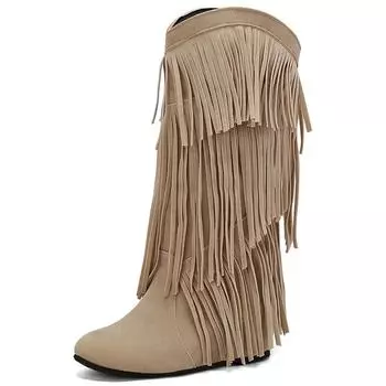 Модные женские сапоги до середины голени с бахромой, сексуальные зимние туфли, черные, бежевые, на танкетке, женские туфли, увеличивающие рост, большой размер 48 34 бежевый