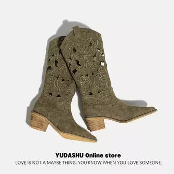 модные женские сапоги до середины голени в стиле вестерн на каблуках с вышивкой, полые ковбойские сапоги для женщин, осень-зима, модные сапоги из искусственной кожи 2024 35 хаки